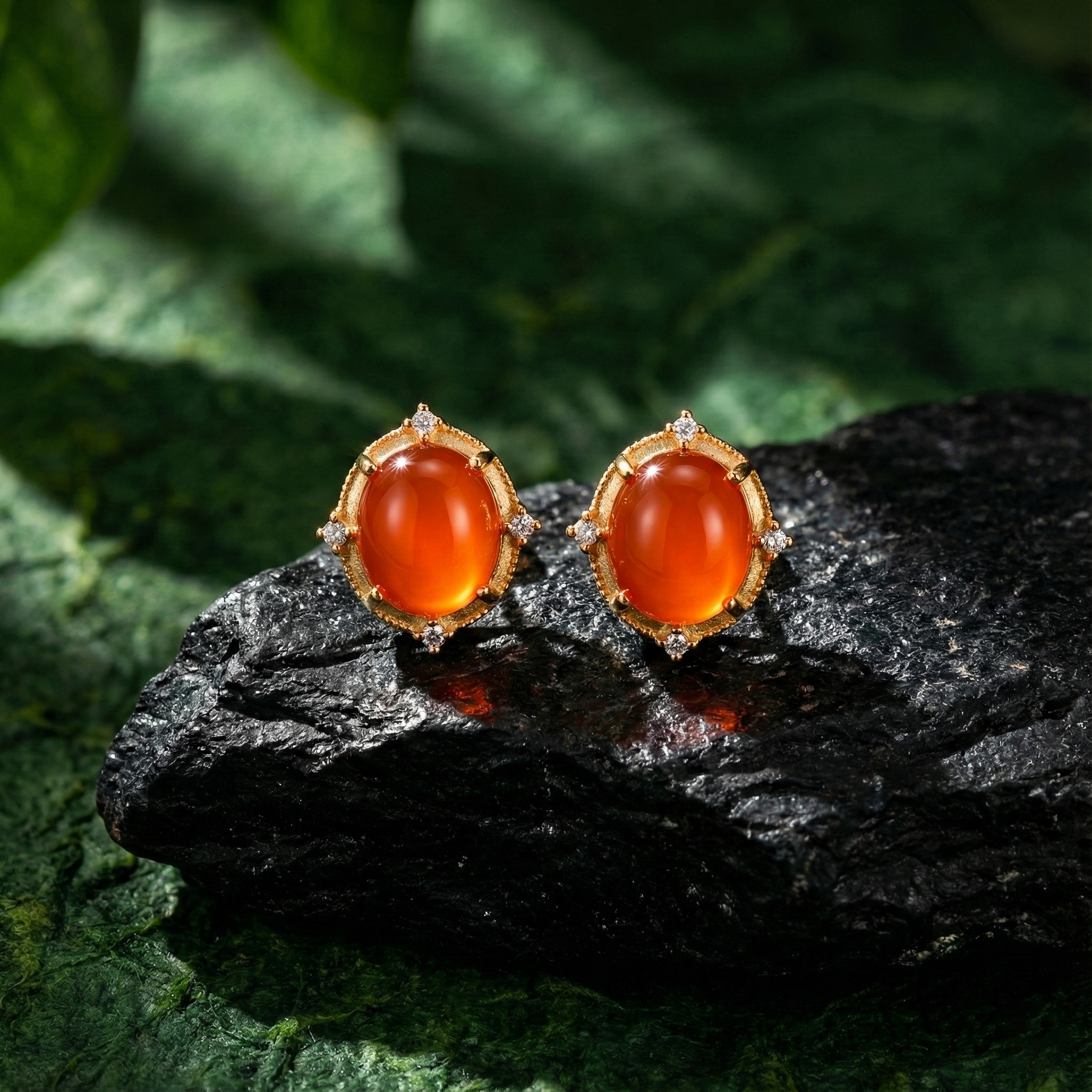 冰红玛瑙镶嵌耳钉