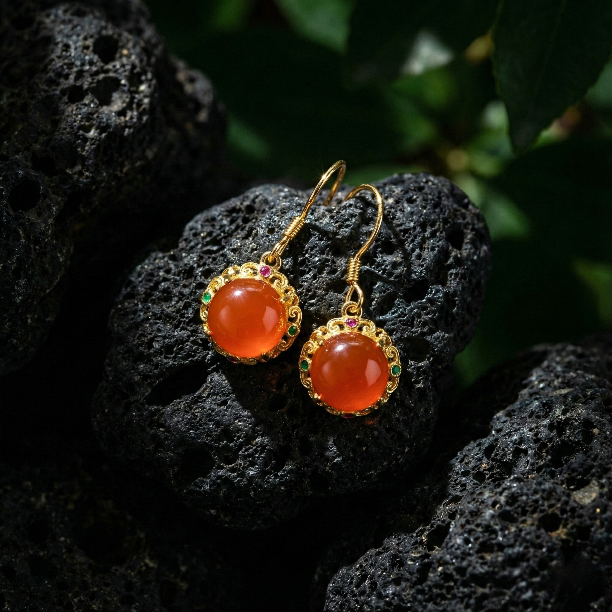 冰红玛瑙镶嵌耳坠A