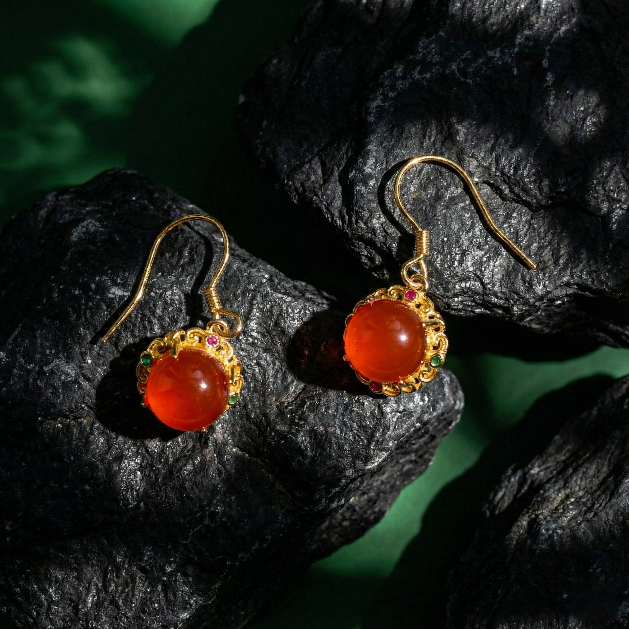 冰红玛瑙镶嵌耳坠A