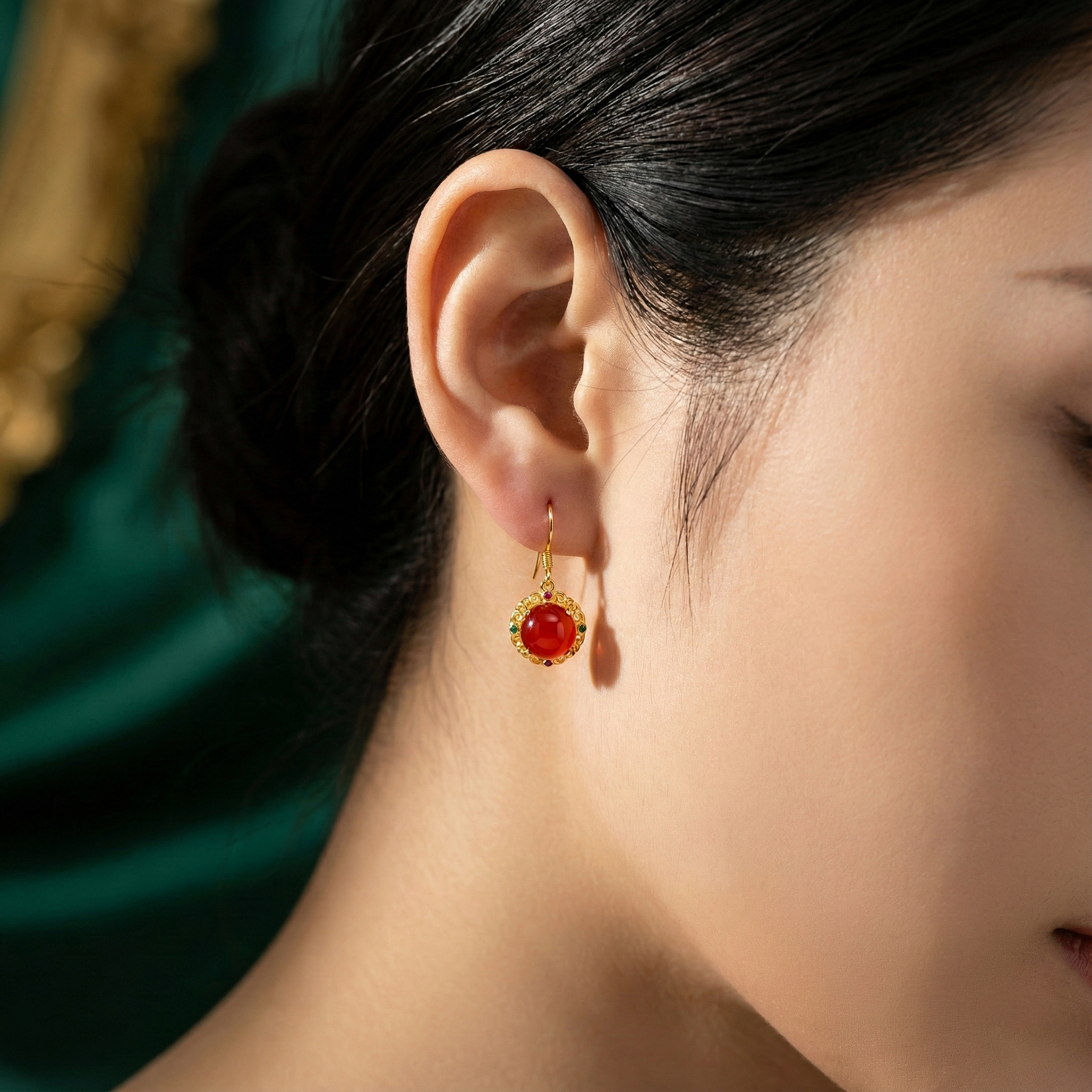 冰红玛瑙镶嵌耳坠A